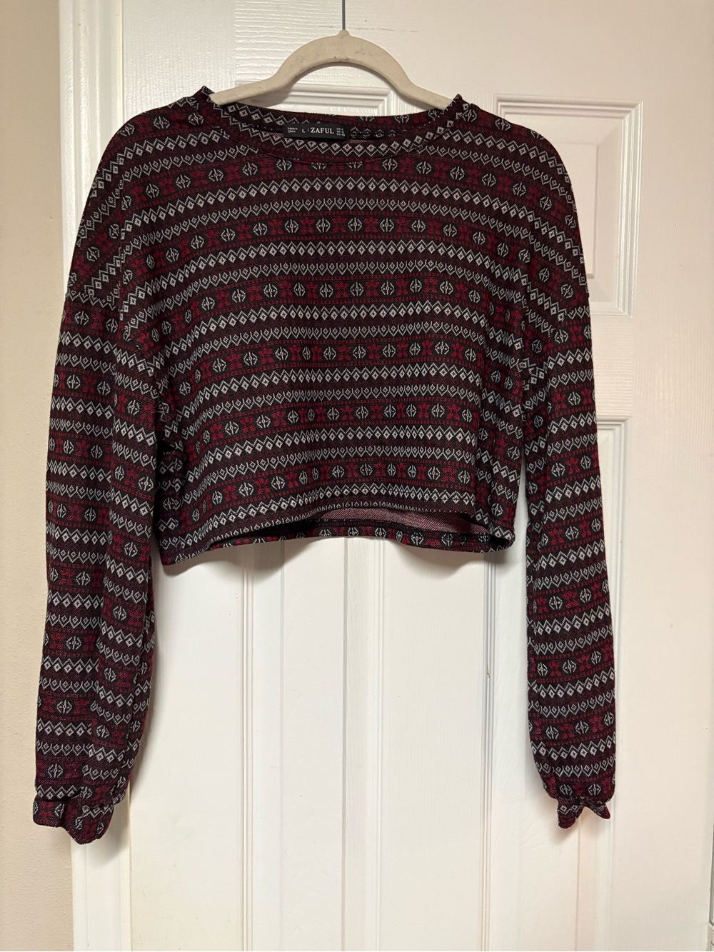 Zaful Burgundy Fair Isle Geometric Cropped Knit Sweater Top Size L
